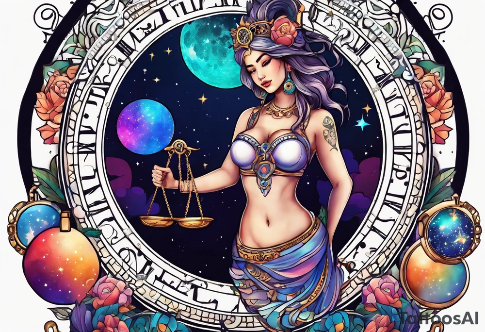 Libra woman holding scales with a night zodiac background including a half moon that encircles half of the woman with vibrant colors tattoo idea