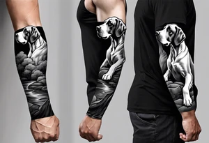 Arm sleeve for man-  with floppy ear Great Dane standing fiercely chest up. With outdoors fill work around the Dane. A waterfall in background tattoo idea