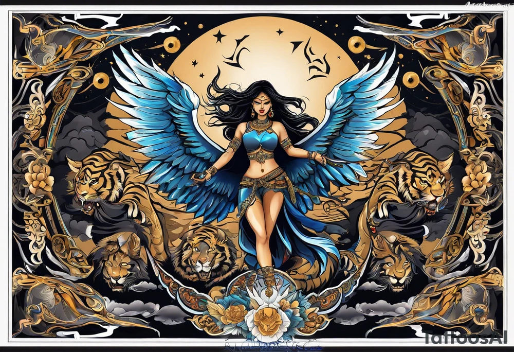 black kali, goddess pirate, alien, angel, pachamama, valkrye, warrior, flying, skull, lotus azul, wing, eagle, zenza resonance, stars, 5D, anahata chakra, death, durga, riding on a tiger, flying lady tattoo idea