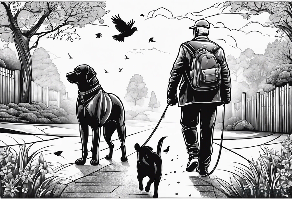 create me a  tattoo of the back of a grandfather he is holding a dog lead and walking a dog. around it is other line drawings of pigeons, dogs, rugby balls, cricket items, tools and binoculars with birds tattoo idea