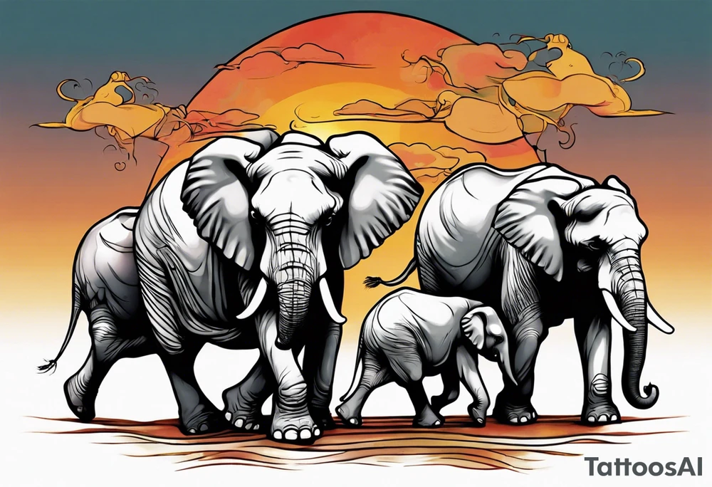 family of 6 elephants walking into sunset tattoo idea