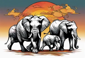 family of 6 elephants walking into sunset tattoo idea