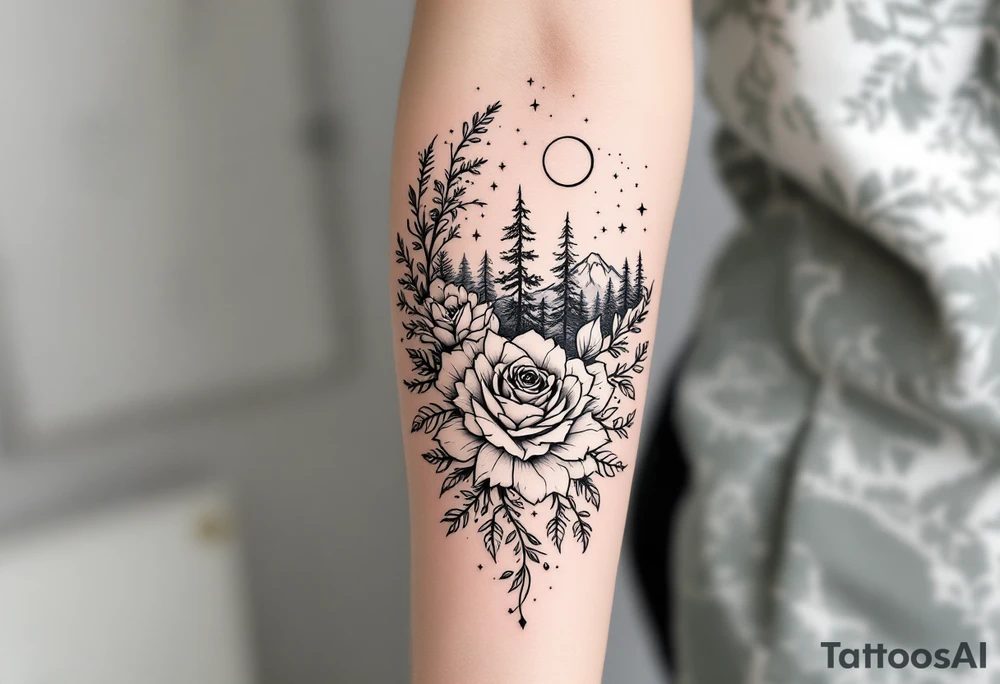 Roses wild flower vines with moon and stars mountains wrap around arm forest with cuff with mandala wrap around arm tattoo idea