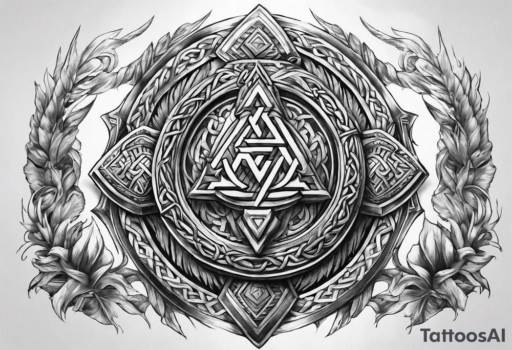 Valhalla sword round shield axe Valknut steps fire chains tattoo idea Valhalla sword round shield axe Valknut steps fire chains tattoo idea