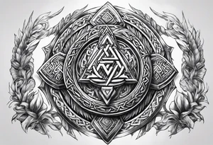 Valhalla sword round shield axe Valknut steps fire chains tattoo idea