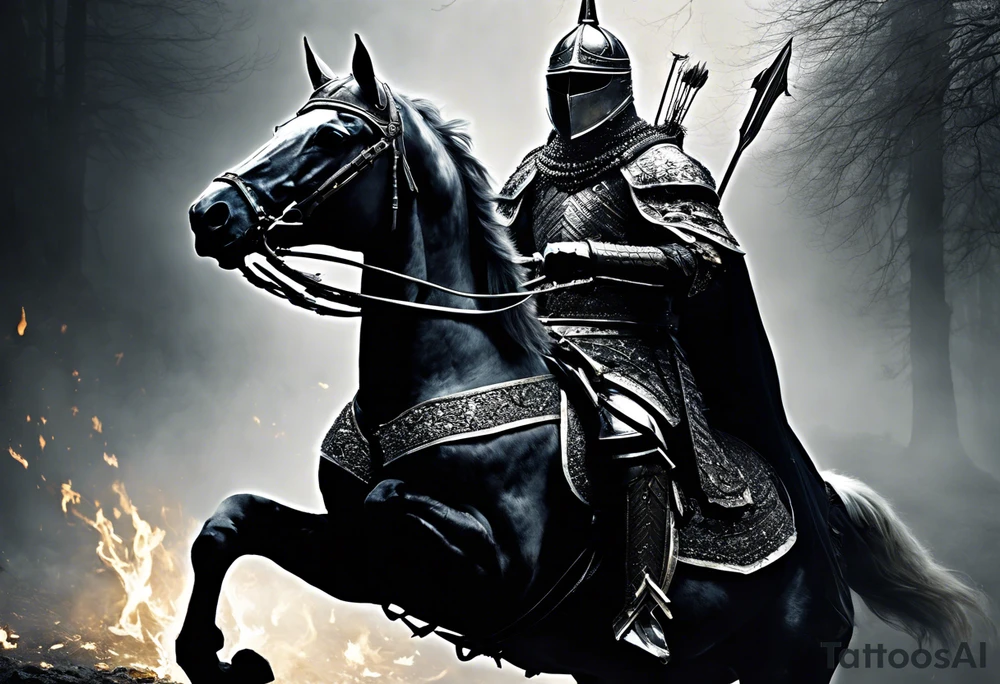 Dark art of the first horseman of the apocalypse. Wearing iron armor with a crown-shaped helmet, carrying a bow and arrows on the right hand, he rides a white horse that is strong and slender, wearing shiny ornaments on his face. It is not possible to see the face of the horseman, who is obscured by the darkness and fog of the image. It is important that the horseman is facing the image and that the image shows the entire body of both the horse and the rider. tattoo idea
