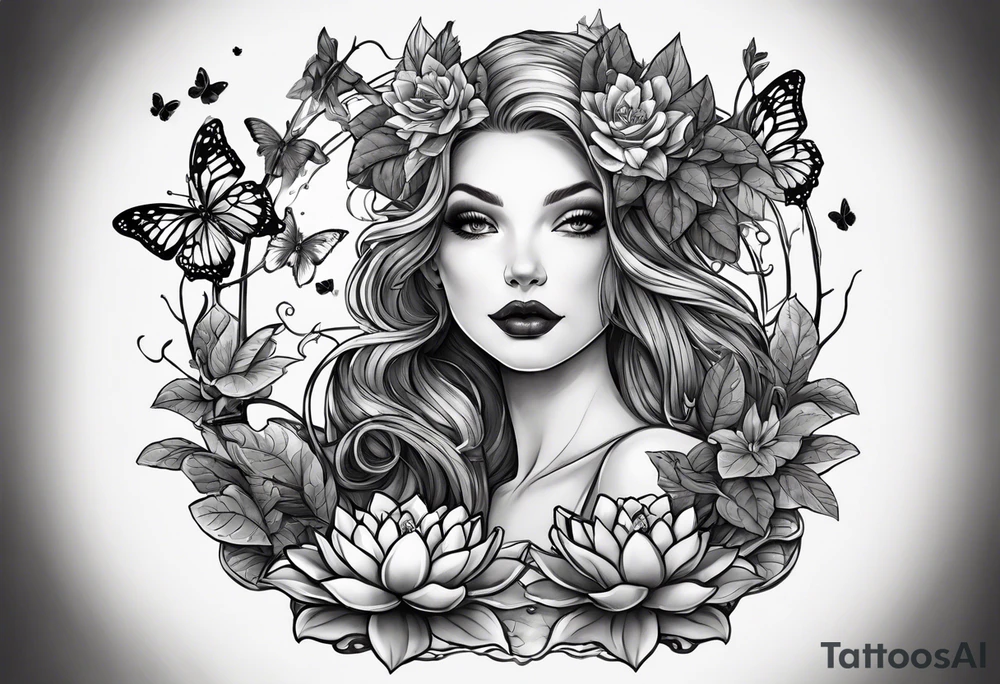 poison ivy plant wrapped around a hand holding water lilies surrounded with butterflies around with “Zane”, “Nate”, “Jaiden” tattoo idea