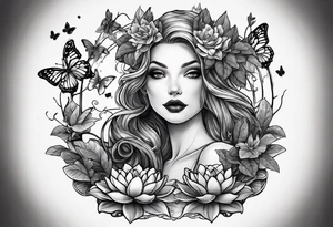 poison ivy plant wrapped around a hand holding water lilies surrounded with butterflies around with “Zane”, “Nate”, “Jaiden” tattoo idea