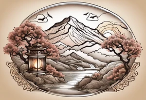 create Mediterranean climate with mountain in the background, add an oak tree, rose bush, dove with olive leaf, singing nightingale, lantern with a lit candle. tattoo idea