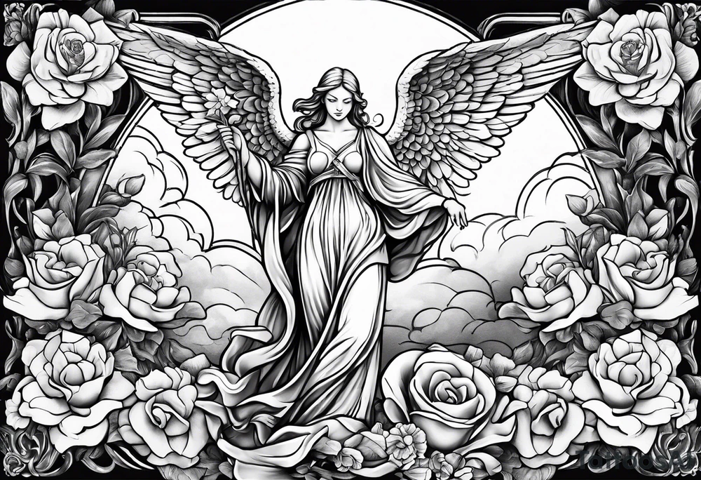 Angel statue stood on a rock with daffodils and roses wrapped around its legs tattoo idea