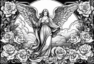 Angel statue stood on a rock with daffodils and roses wrapped around its legs tattoo idea