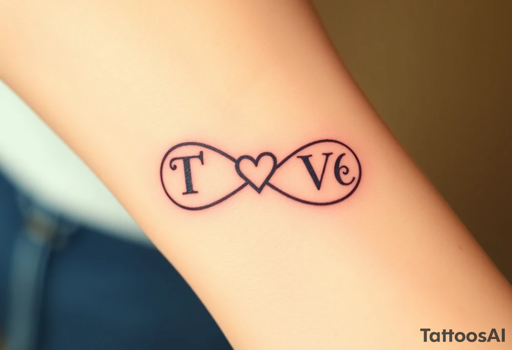 An infinity symbol with two initials T and V on each loop and a tiny heart in the center in black ink tattoo idea