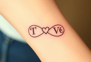 An infinity symbol with two initials T and V on each loop and a tiny heart in the center in black ink tattoo idea