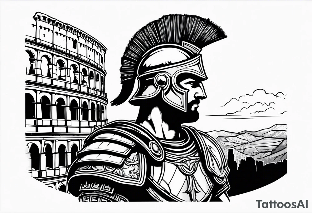 Side profile of spartan soilder looking left at Roman colosseum tattoo idea