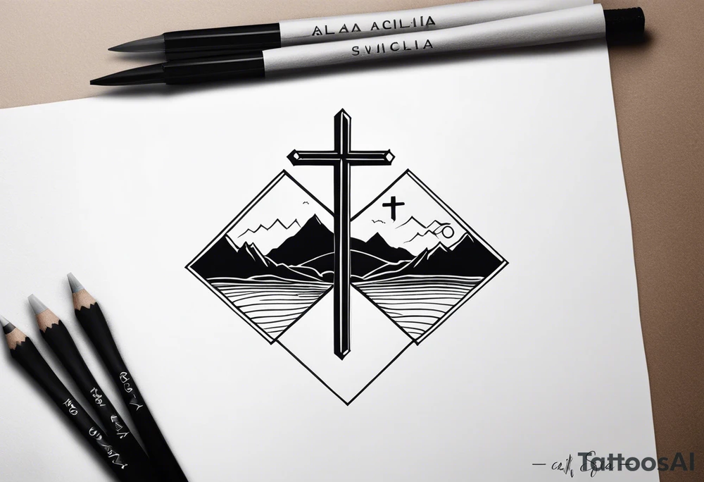 Cross with Mountains and the word "Cala" that is simple and small tattoo idea