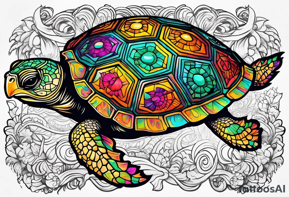 tropical psychedelic turtle's back, top down view, as seen from above tattoo idea