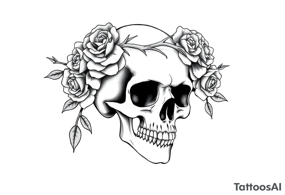 ornate skull adorned with crown of wild roses and thorns tattoo idea