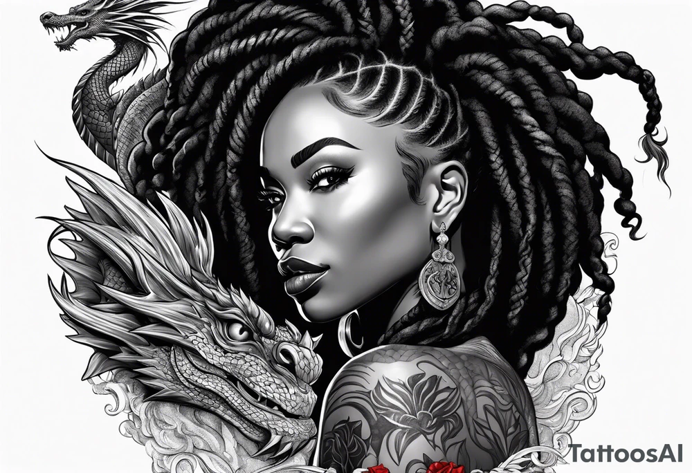 Black woman with locs and red dragon tattoo idea