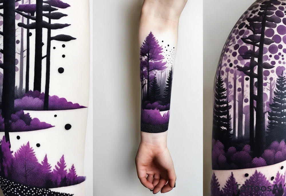 forest, purple and black, covered from wrist to forearm, fully covered, no borders, blackwork tattoo idea