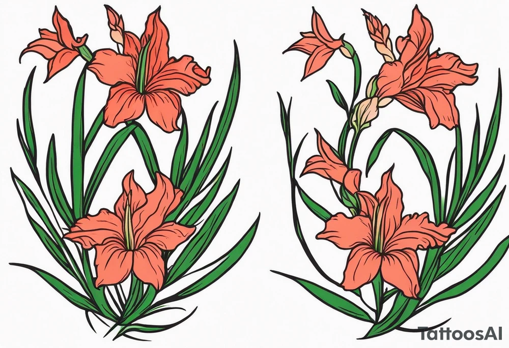 a thin narrow gladiolus with green leaves and coral-colored flowers with red centers tattoo idea