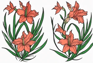 a thin narrow gladiolus with green leaves and coral-colored flowers with red centers tattoo idea