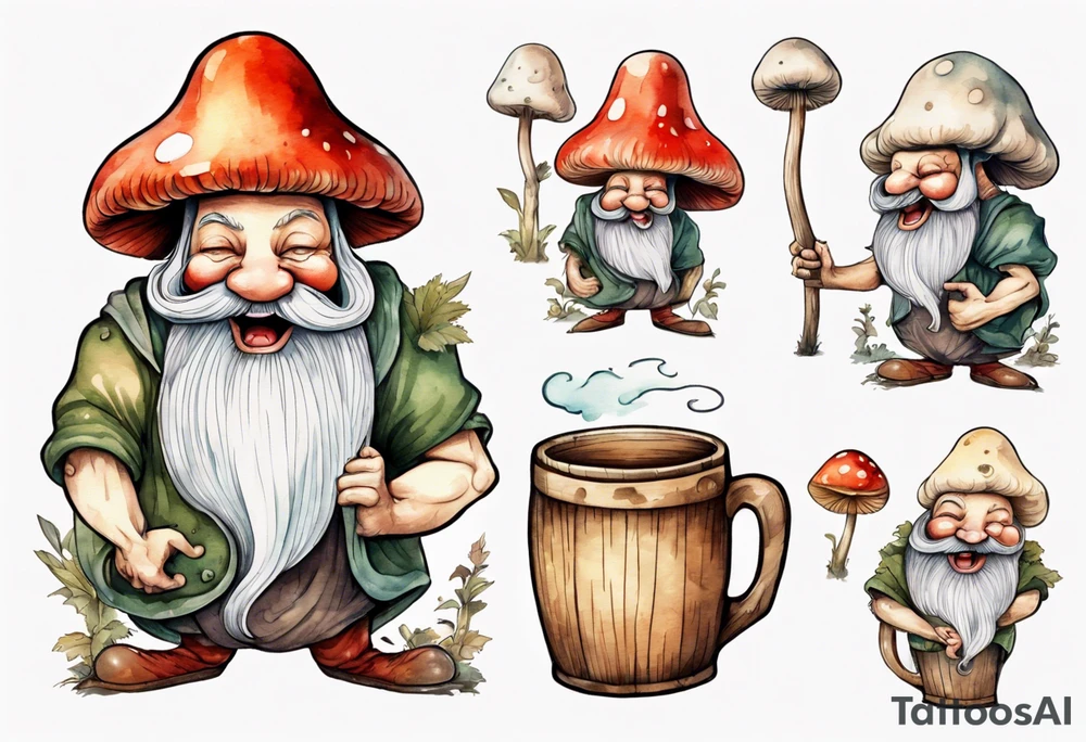 a medieval mushroom with a face and a beard with arms and legs drinking from a wood mug, laughing tattoo idea