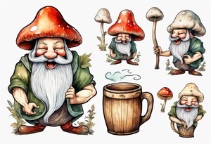 a medieval mushroom with a face and a beard with arms and legs drinking from a wood mug, laughing tattoo idea