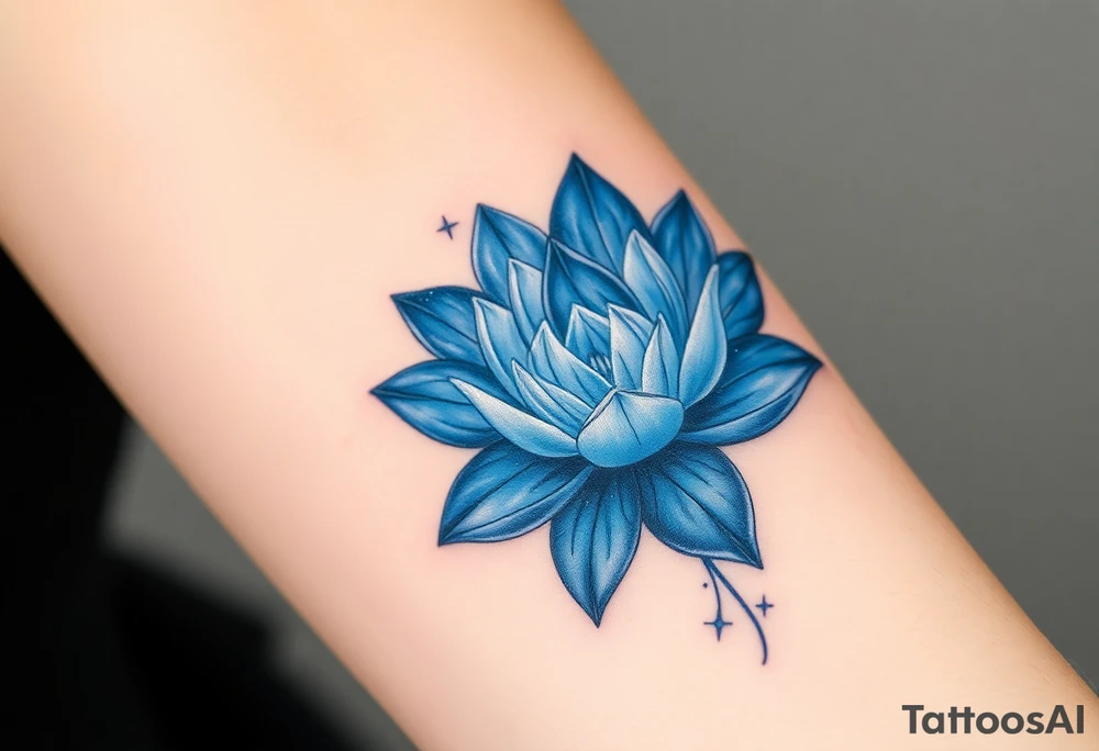 A deep blue water lily, with soft silver outlines and subtle star-like sparkles tattoo idea