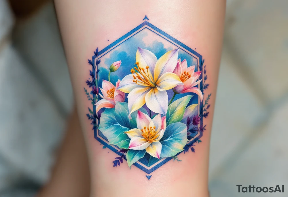 Leo sign, larkspur and water lily surrounded by a hexagon tattoo idea