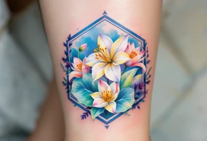 Leo sign, larkspur and water lily surrounded by a hexagon tattoo idea