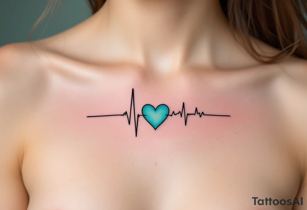A black EKG heartbeat crossing the chest, transitioning into a vibrant teal heart at the center. tattoo idea