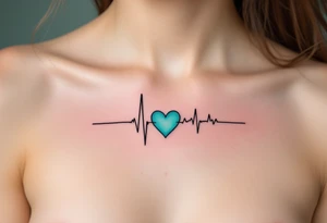 A black EKG heartbeat crossing the chest, transitioning into a vibrant teal heart at the center. tattoo idea