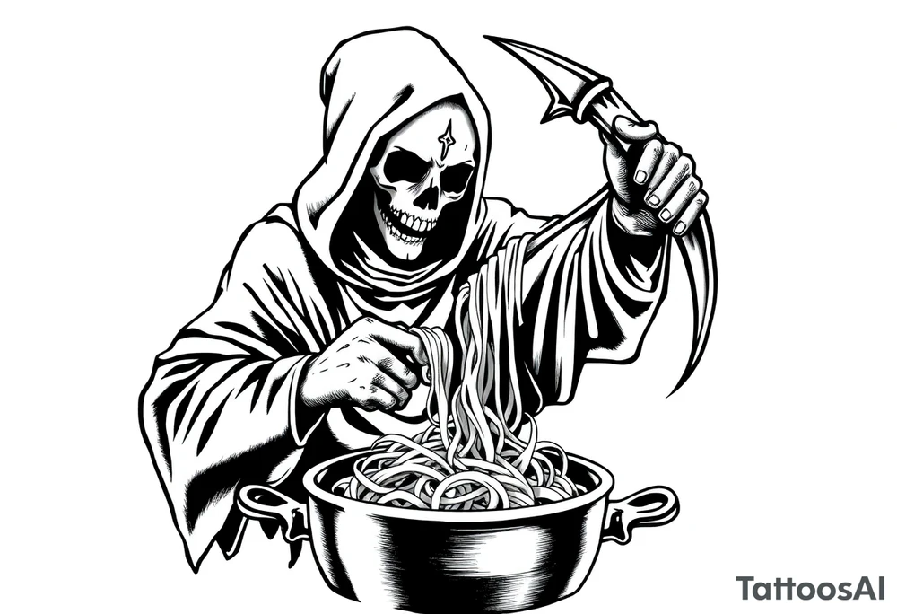 A grim reaper chef pulling noodles out of a pot tattoo idea