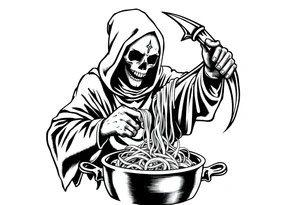 A grim reaper chef pulling noodles out of a pot tattoo idea