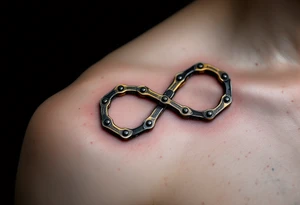 A bicycle chain forming the infinity symbol, in metallic silver and gold, symbolizing endless cycles and eternal connections. tattoo idea