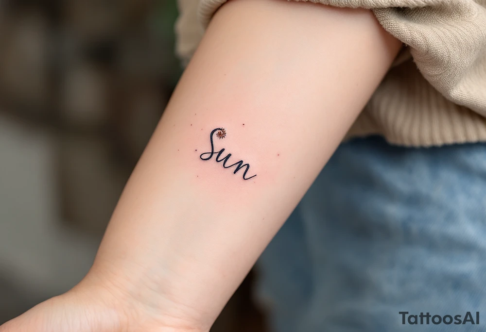 Word "Sun" written vertical with small sunflower in pink tattoo idea