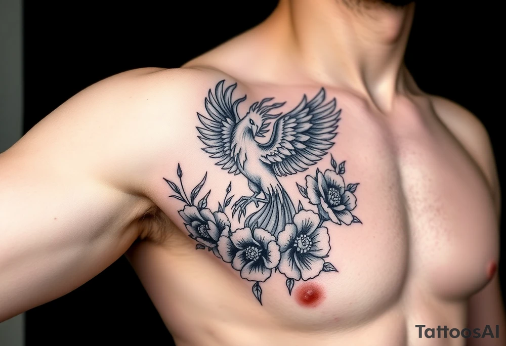 A pheonix rising out of fire surrounded by carnation flowers on the upper arm tattoo idea