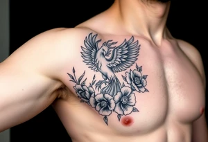 A pheonix rising out of fire surrounded by carnation flowers on the upper arm tattoo idea