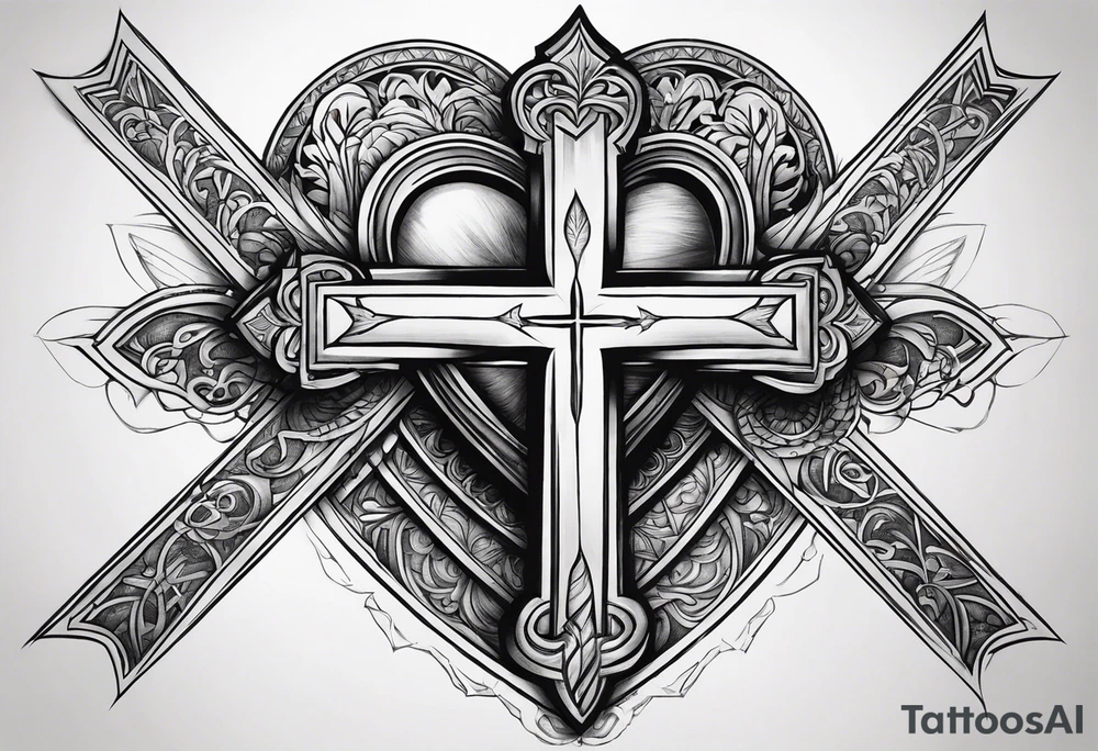 Heartbroken wit a cross and a heart that say destiny tattoo idea