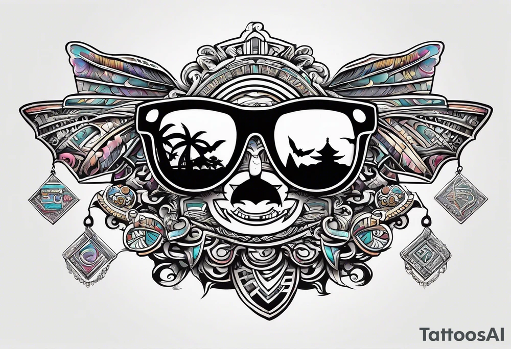 Colorful Mayan hieroglyph wearing sunglasses with waves and bats tattoo idea