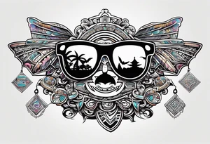 Colorful Mayan hieroglyph wearing sunglasses with waves and bats tattoo idea