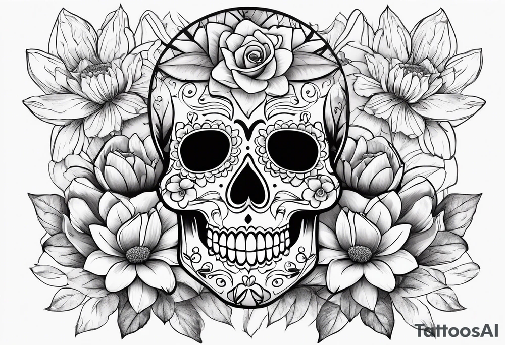 Sugar skull with roses daisies and water lilies for half sleeve tattoo idea
