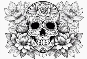 Sugar skull with roses daisies and water lilies for half sleeve tattoo idea