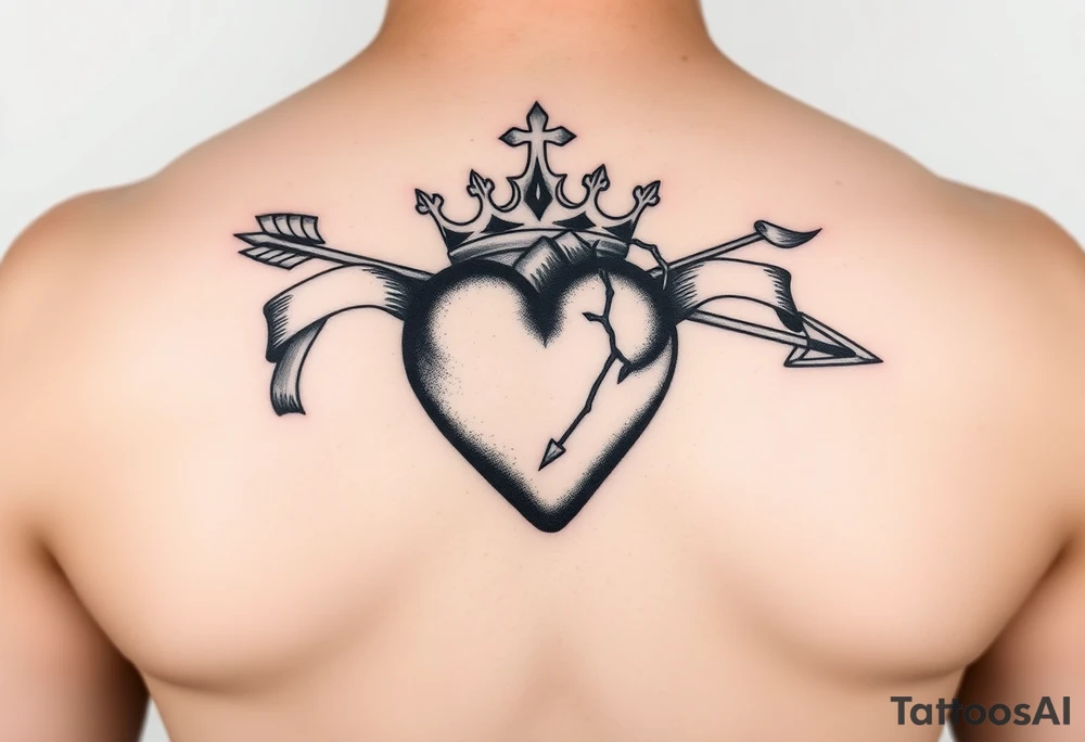 heart pierced by ornate arrow with flowing ribbons princess crown tattoo idea