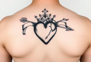 heart pierced by ornate arrow with flowing ribbons princess crown tattoo idea