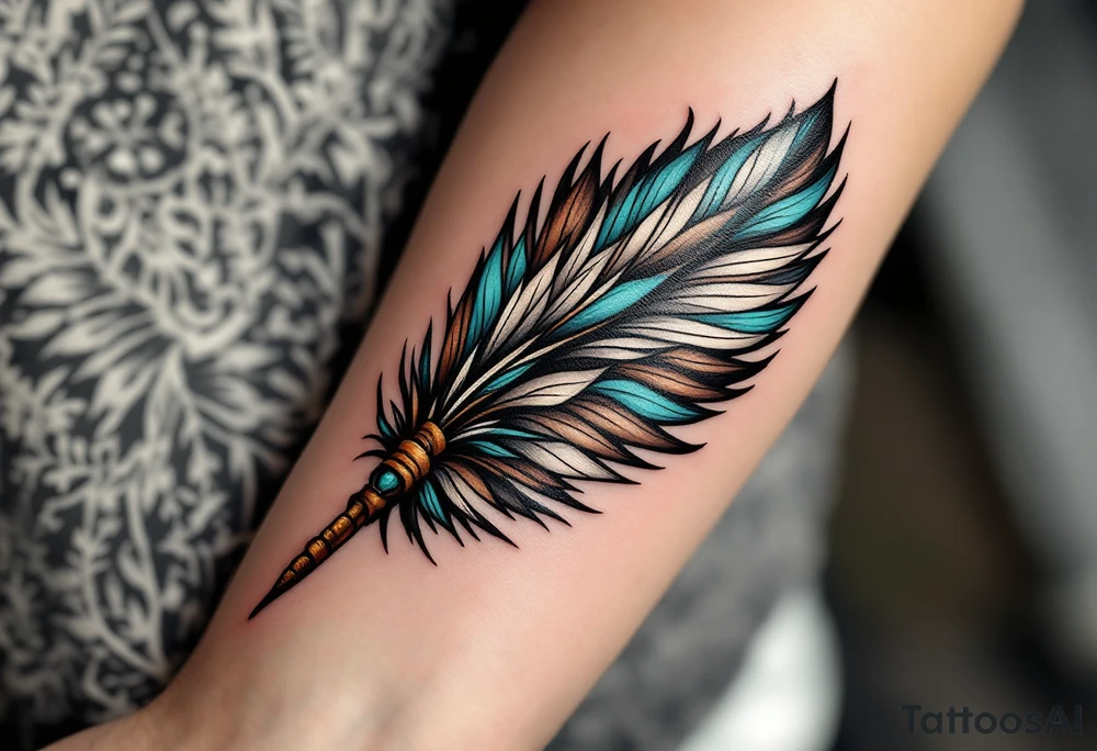 A tribal feather fan in brown, white, and turquoise, held together by leather bindings. tattoo idea