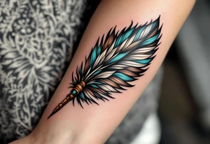 A tribal feather fan in brown, white, and turquoise, held together by leather bindings. tattoo idea