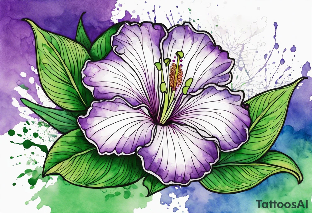 An outline of an only green rio dipladenia flower and a green and purple watercolor splash in the background tattoo idea