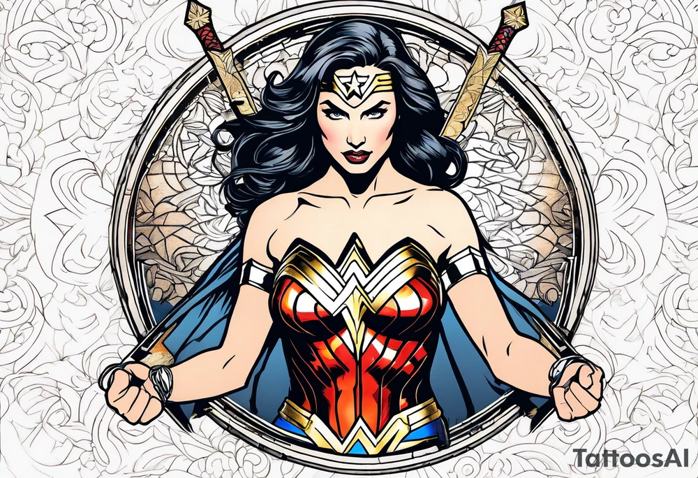 Wonder Woman Round shield on top of sword tattoo idea