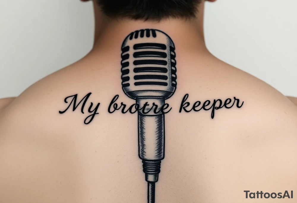 A microphone with the words “My brothers keeper” with the microphone cord looking like it’s actually writing the words . For a female and small tattoo idea